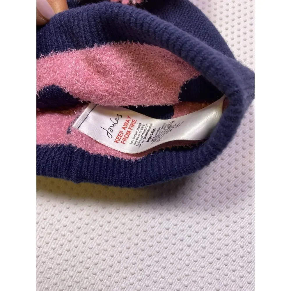 Joules Baby 0-6 Month Bobble Beanie Pom Pom Hat Knit Polka Dots Navy Blue & Pink